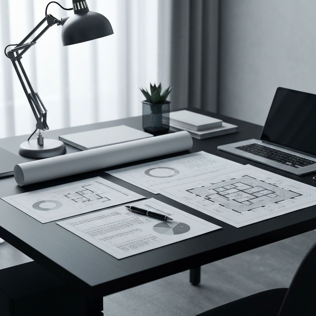 Minimalist analytical workspace with financial documents and insights