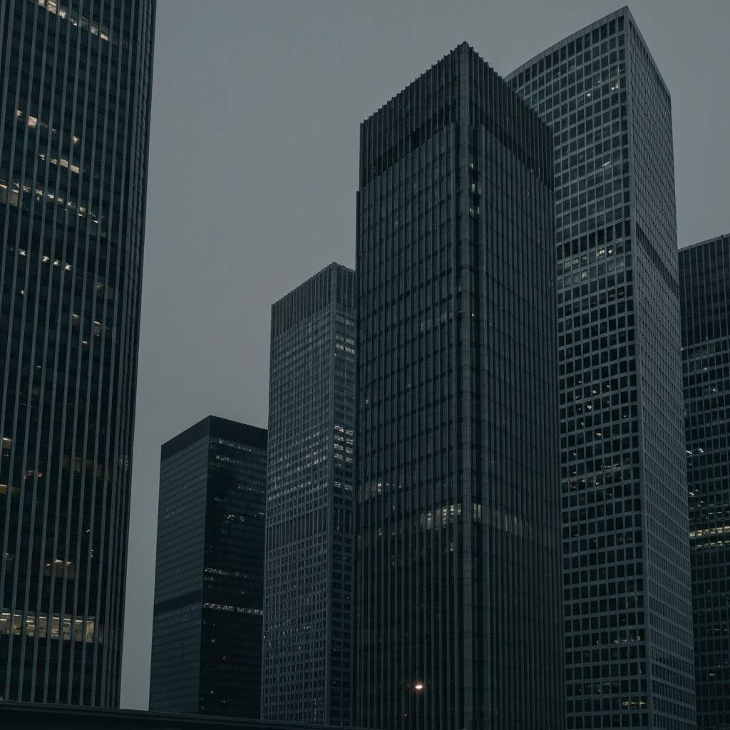 Global financial district skyline at dusk